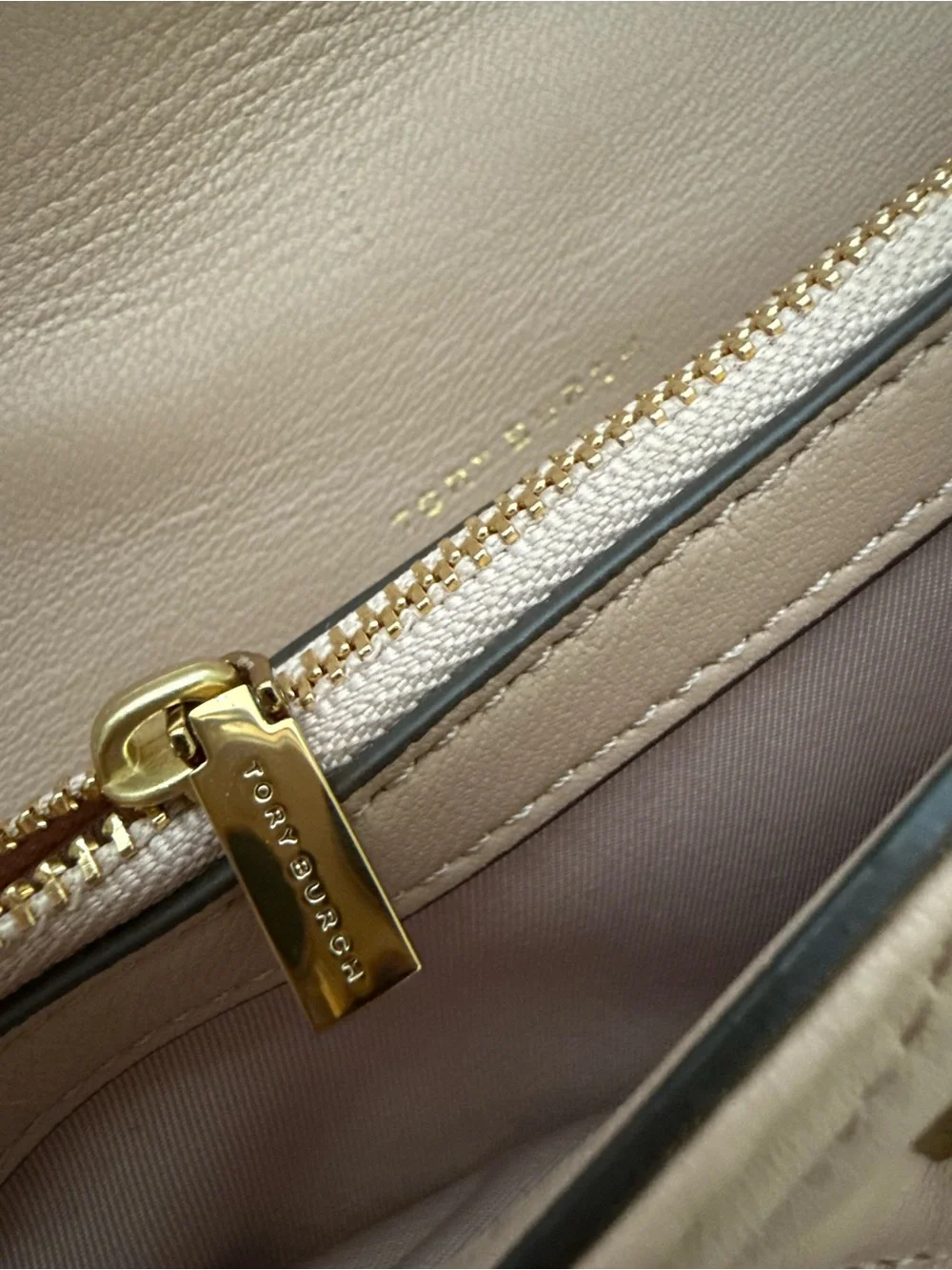 Tory Burch Kira Chevron Leather Small Crossbody Bag Nude with Gold Hardware Logo